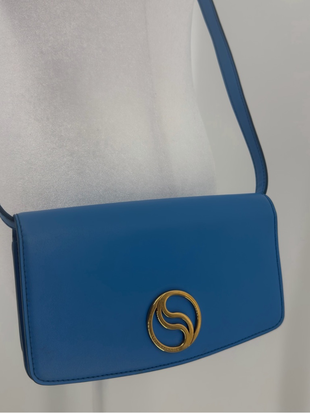 Stella McCartney S-Wave Blue Crossbody Bag Gold Logo Vegan Leather